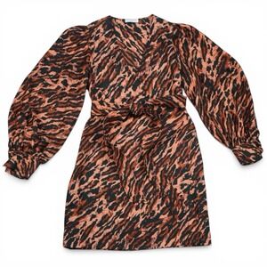Sandro Lunas Tiger Print Silk Wrap Dress V Neck Long Sleeve Belted FR 36 US 4